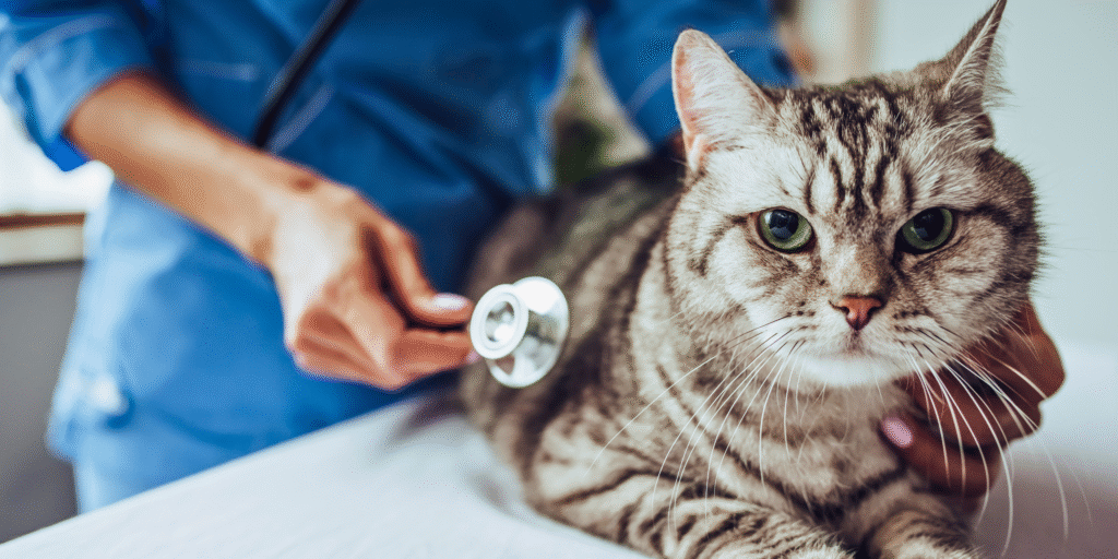 Examen vétérinaire d’un chat stérilisé pour contrôler sa santé et son alimentation