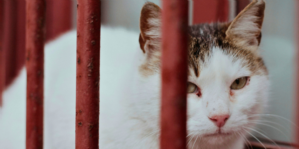 Chat abandonné en refuge derrière les barreaux – sensibilisation à l’adoption d'un chat en refuge